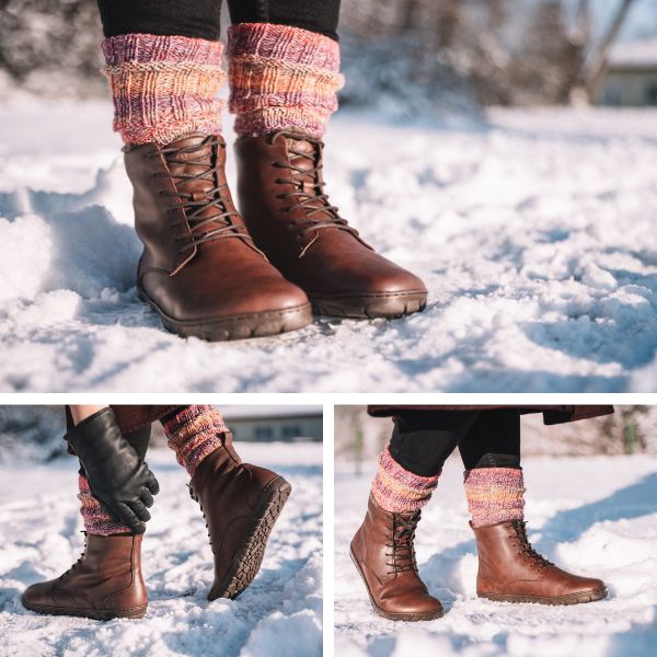 Eine Reihe von Bildern zeigt eine Person, die braune Schnürstiefel und bunte Strickstulpen trägt und im Schnee steht. Die Person trägt schwarze Handschuhe und einen Mantel und im Hintergrund ist eine Schneelandschaft zu sehen.